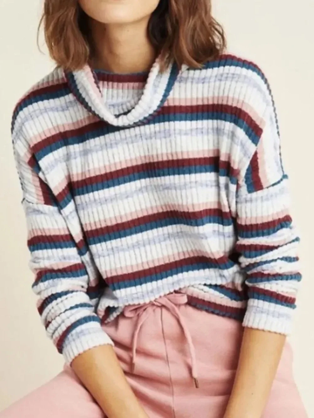 Anthro Saturday Sunday Multicolor Hacci Stripe Cowl Neck Sweater Tunic Size L